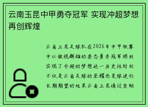 云南玉昆中甲勇夺冠军 实现冲超梦想再创辉煌 云南玉昆中甲勇夺冠军 实现冲超梦想再创辉煌
