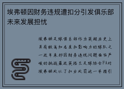埃弗顿因财务违规遭扣分引发俱乐部未来发展担忧 埃弗顿因财务违规遭扣分引发俱乐部未来发展担忧